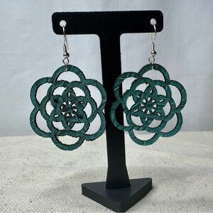Elegant Floral Mandala Aqua Blue Embossed Leather Earrings